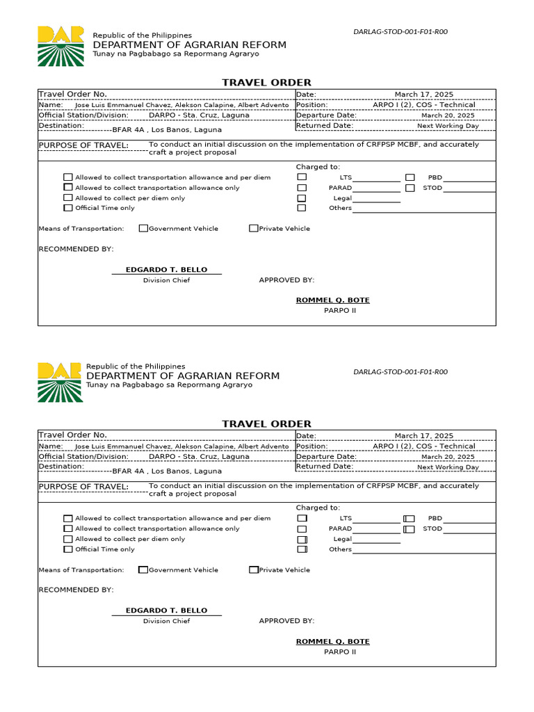Travel Orders for DARPO Personnel 2025 | PDF