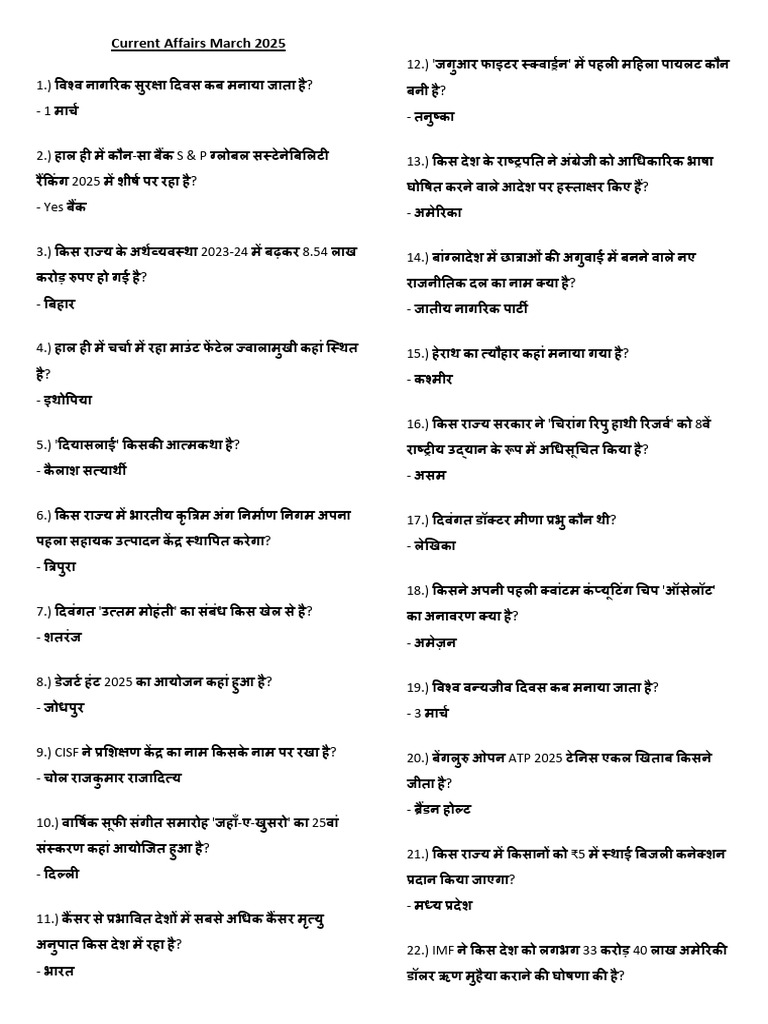 Current Affairs March - 2025 | PDF