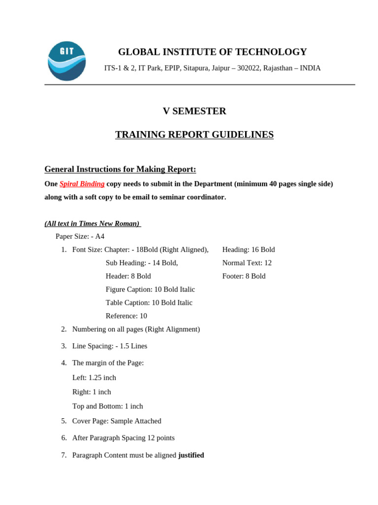 V Semester Training Report Guidelines | PDF