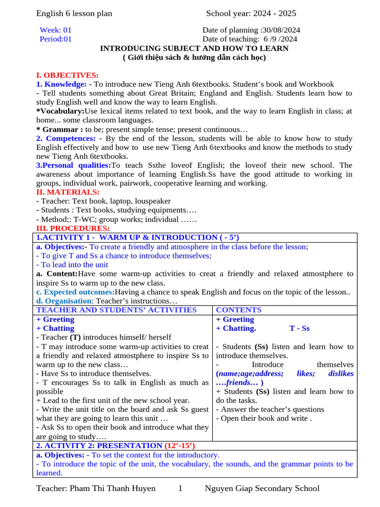English 6 Lesson Plan: Introduction & Learning | PDF | English Language ...