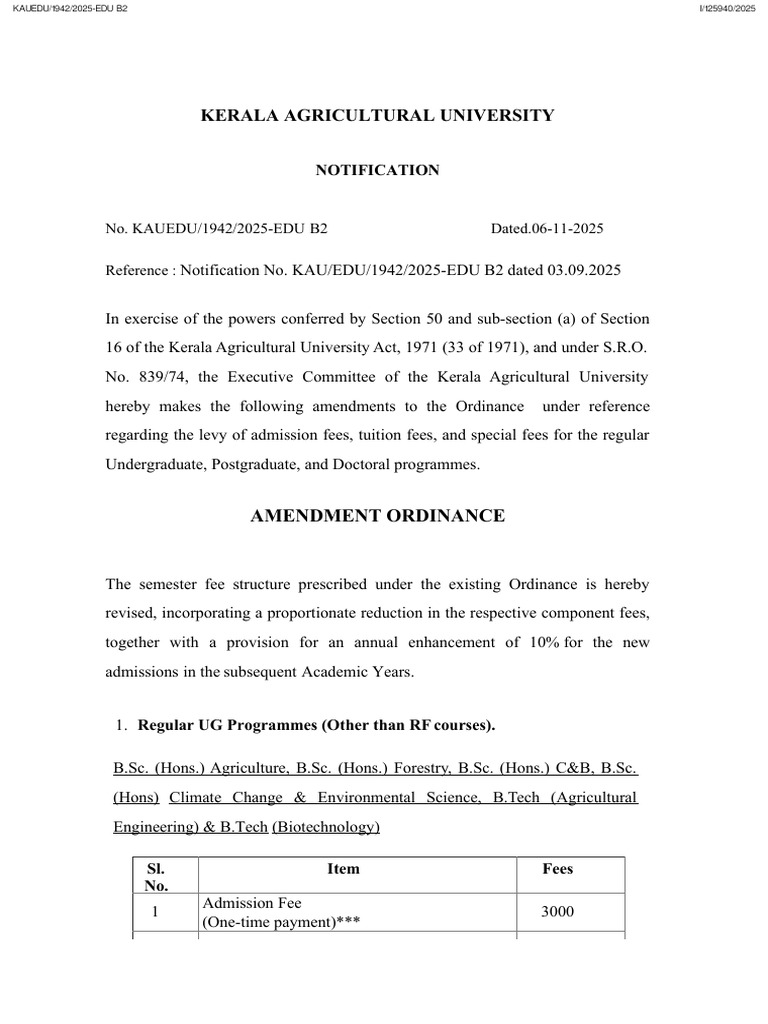 KAU Fee Structure Amendment 2025 | PDF | Higher Education | Academia