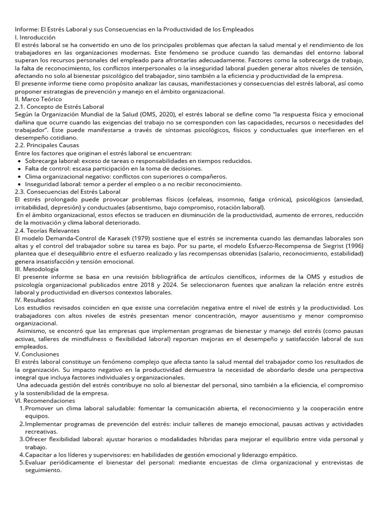 El Estrés Laboral y Sus Consecuencias en La Productividad de Los ...