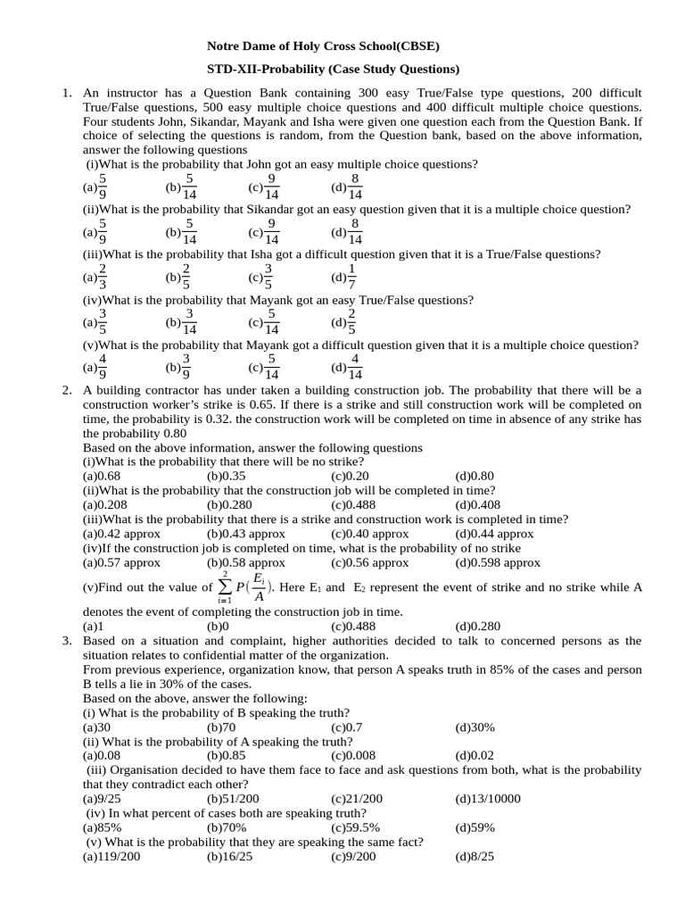 Xii-Probabilitycasestudyquestions 20251110132138 | PDF