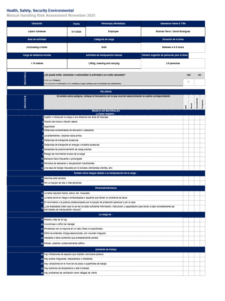 Manual Handling Risk Assessment - V1-Oct 22 | PDF
