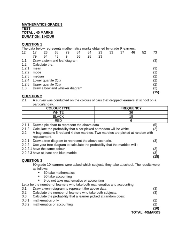 Grade 9 Mathematics Test Questions | PDF