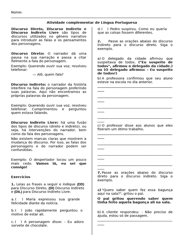 Atividades sobre Discurso Direto e Indireto | PDF | Discurso