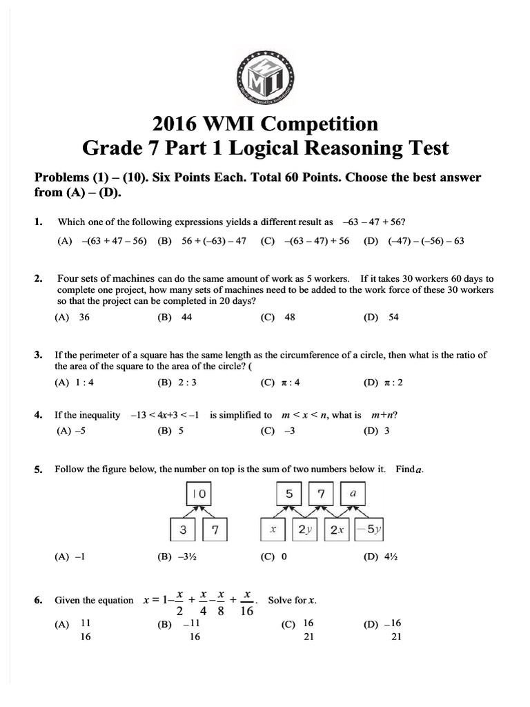 2016 Wmi Grade 7 Questions Part 1 Compress | PDF | Area | Pi