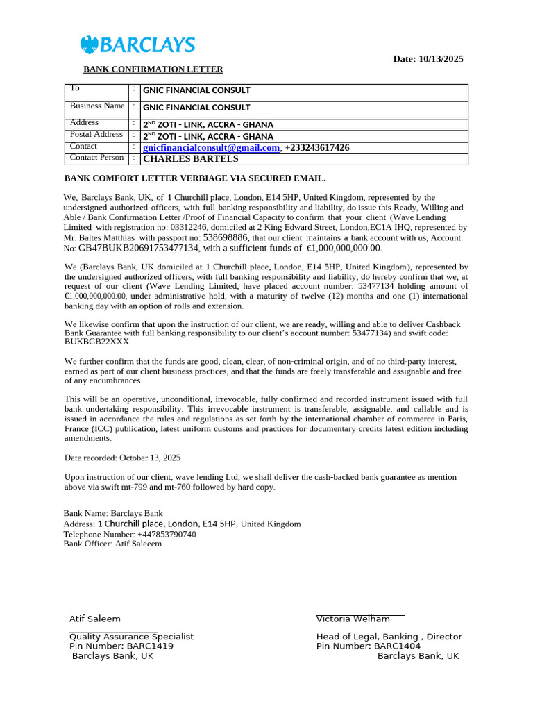 Bank Confirmation Letter from Barclays UK | PDF | Financial Services ...
