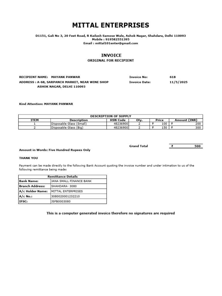 Invoice #618 for Disposable Glasses | PDF