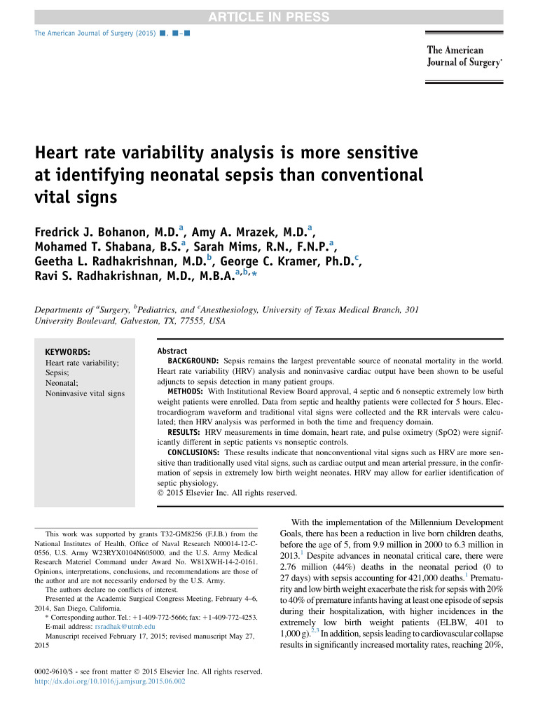 HRV Analysis for Neonatal Sepsis Detection | PDF | Sepsis | Medicine