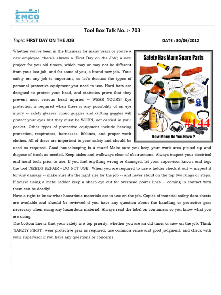 First Day Job Safety Guidelines | PDF | Personal Protective Equipment ...