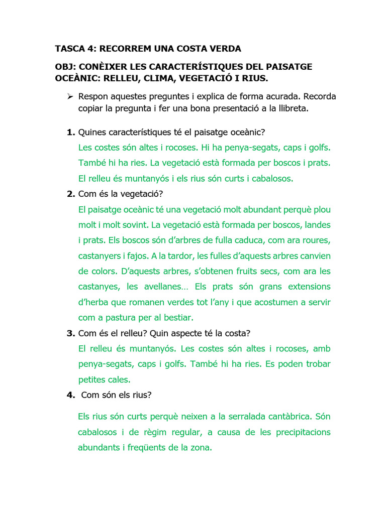 Metes de Comprensi Tasca 4 Travessem Una Costa Verda Respostes 1 | PDF