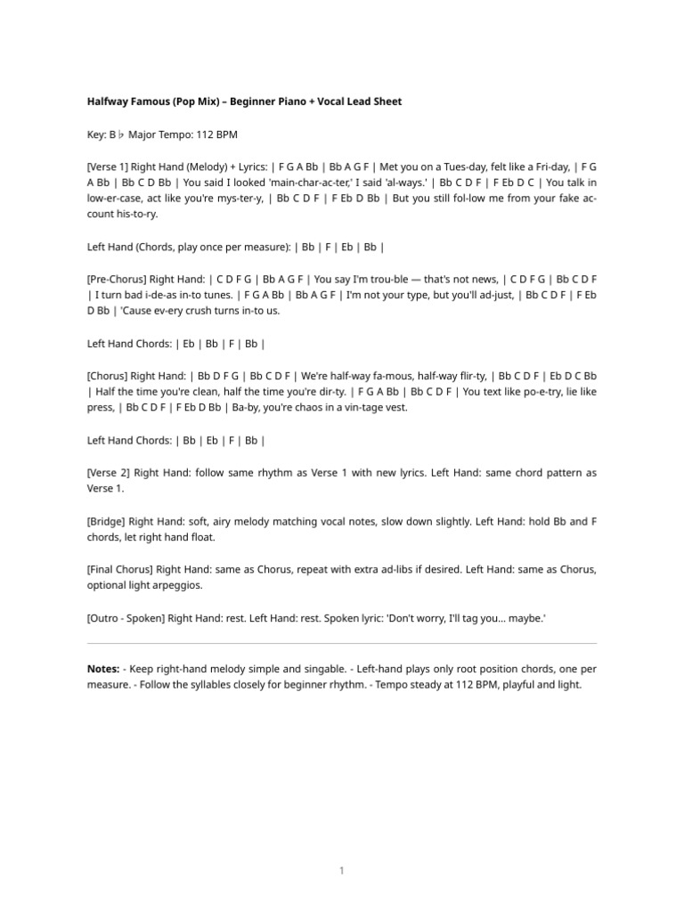 Halfway Famous Piano Sheet | PDF