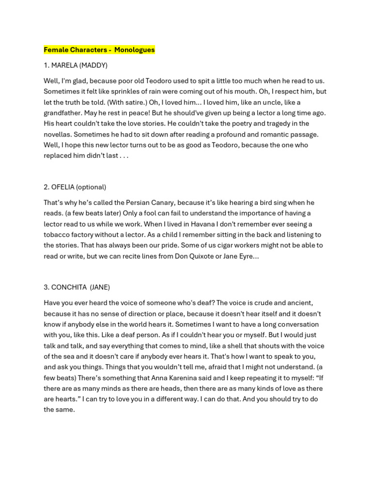 Latin American Monologue Assignments - Anna in The Tropics | PDF