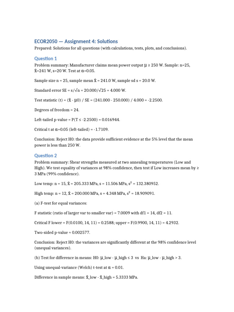 ECOR2050 Assignment 4 Solutions Analysis | PDF | P Value | Student's T Test