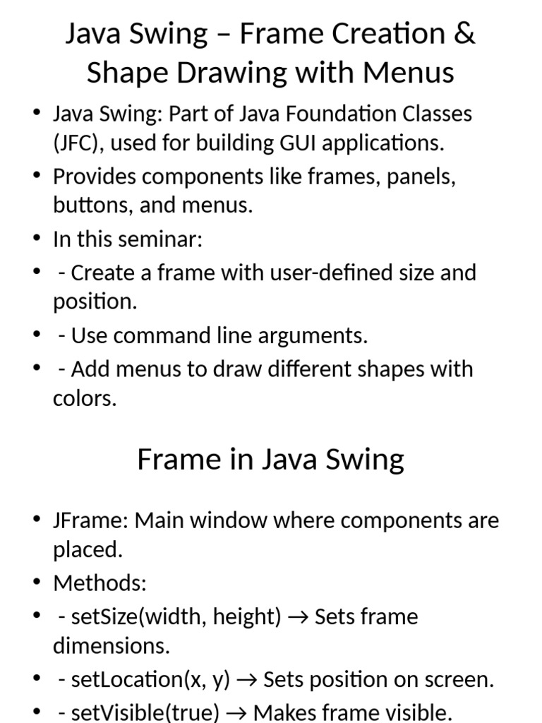 Java Swing Frame & Shape Drawing Guide | PDF | Menu (Computing ...