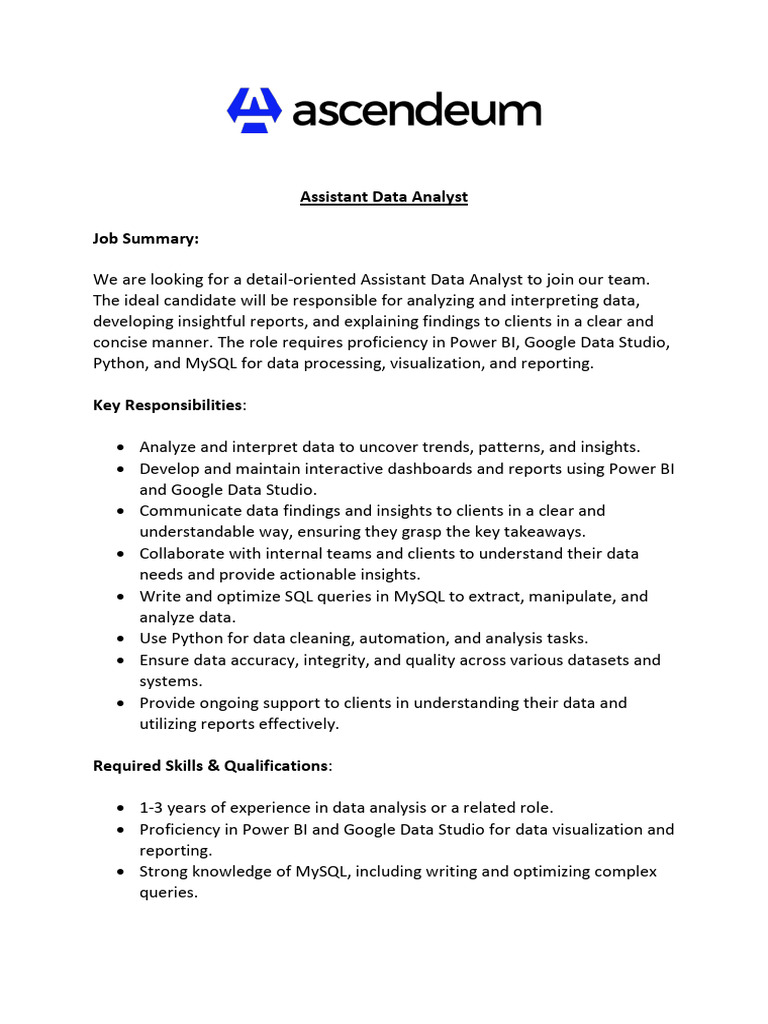 Assistant Data Analyst Job Description | PDF