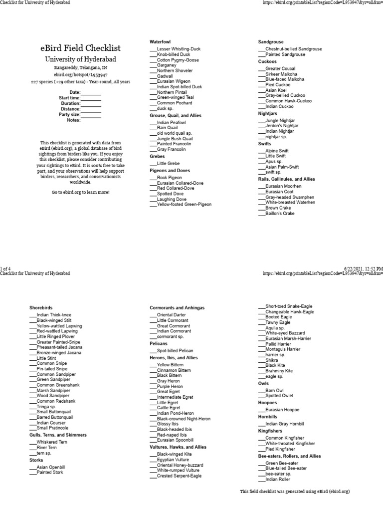 University of Hyderabad Bird Checklist | PDF | Birds | Ornithology