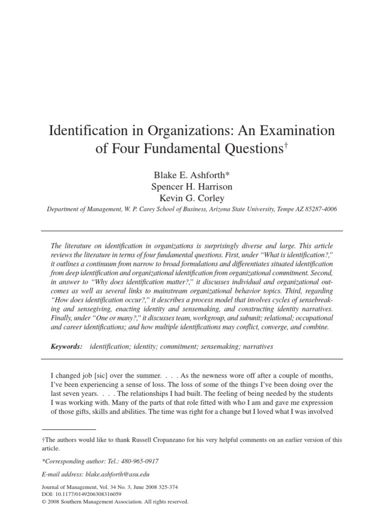 Identification in Organizations: An Examination of Four Fundamental ...