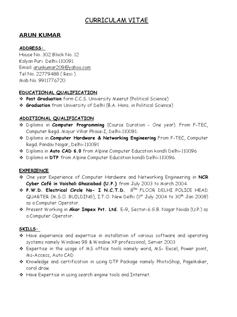 Arun Kumar's Professional CV | PDF