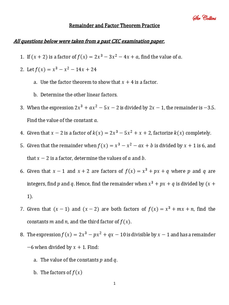 Remainder and Factor Theorem Practice-1 | PDF