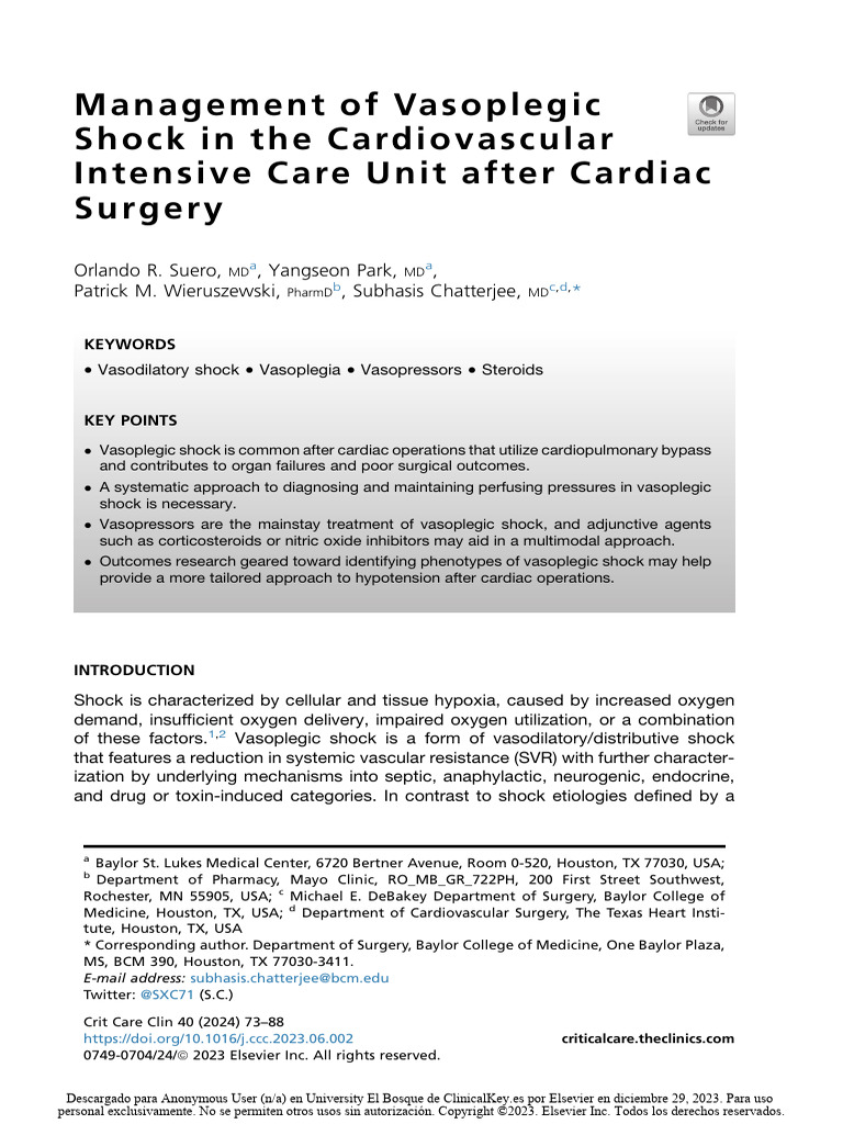 Management of Vasoplegic Shock in The Cardiovascular Intensive Care ...