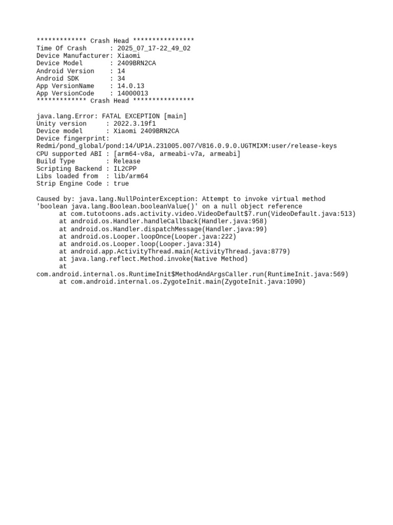 Xiaomi Crash Report: Unity Error 2025 | PDF