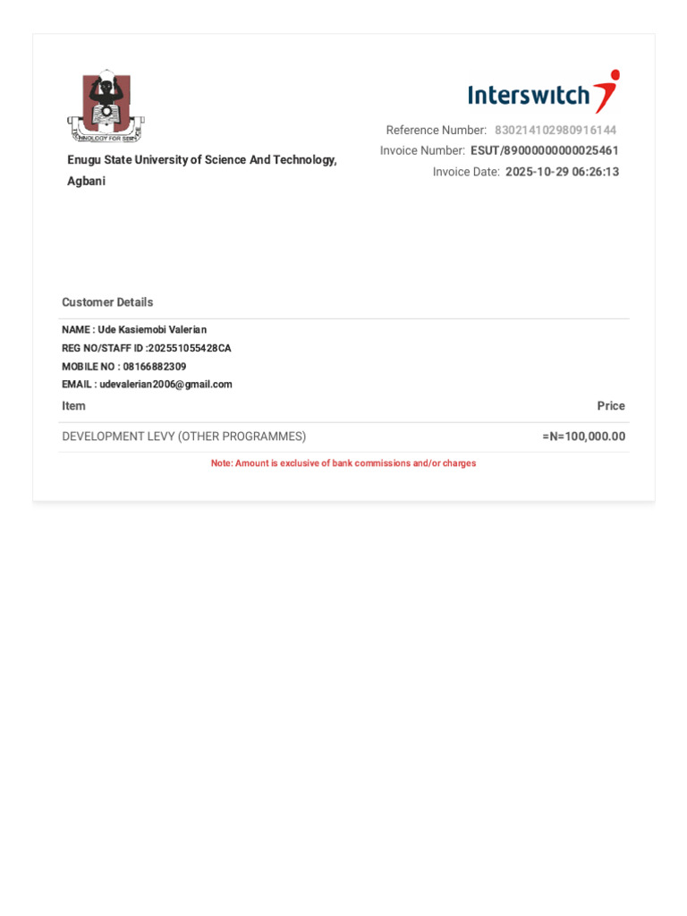 Enugu State University Invoice for Development Levy | PDF
