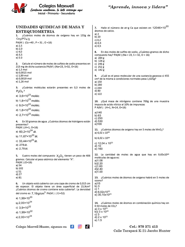 Ejercicios de Química: Estequiometría y Moles | PDF | Mole (Unidad ...