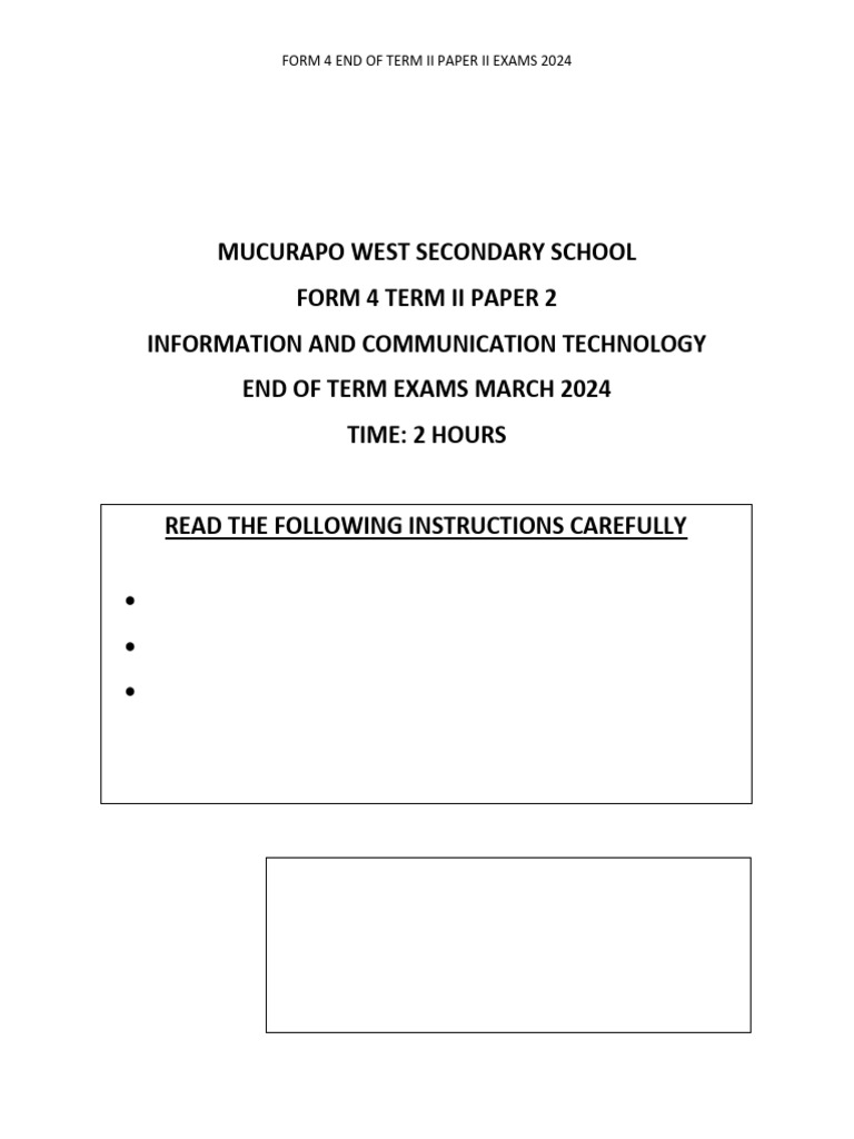 Form 4 ICT End of Term Exam 2024 | PDF | Spreadsheet | Cloud Computing