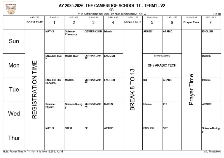 Cambridge School Timetable 2025-2026 | PDF