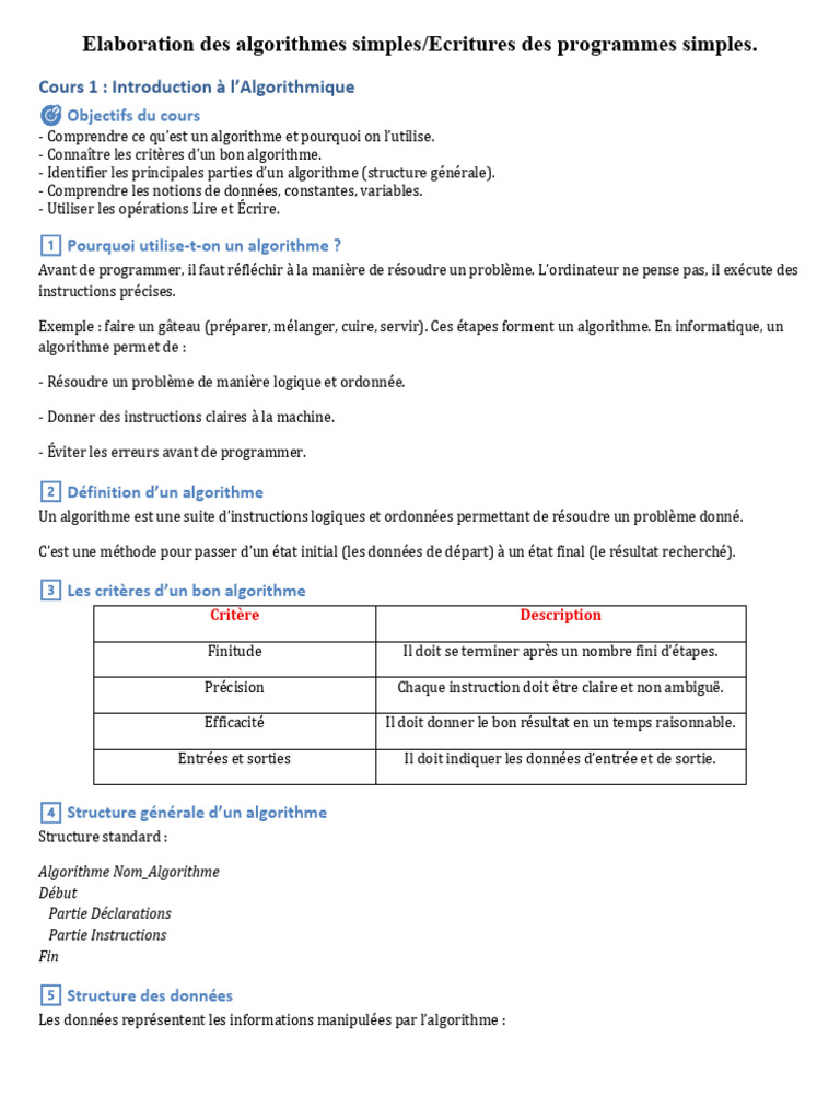 Introduction à l'Algorithmique Simple | PDF | Algorithmes ...