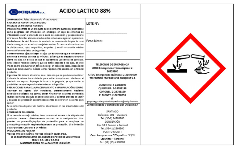 Seguridad y Manejo del Ácido Láctico 88% | PDF