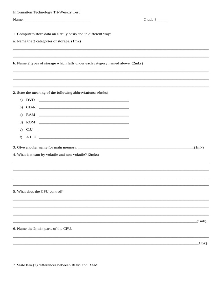 Grade 8 IT Tri-Weekly Test Questions | PDF | Computer Data Storage ...