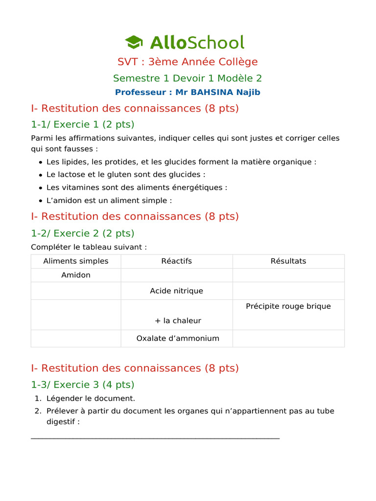 Contrôle SVT 3AC Semestre 1 avec Corrigé | PDF
