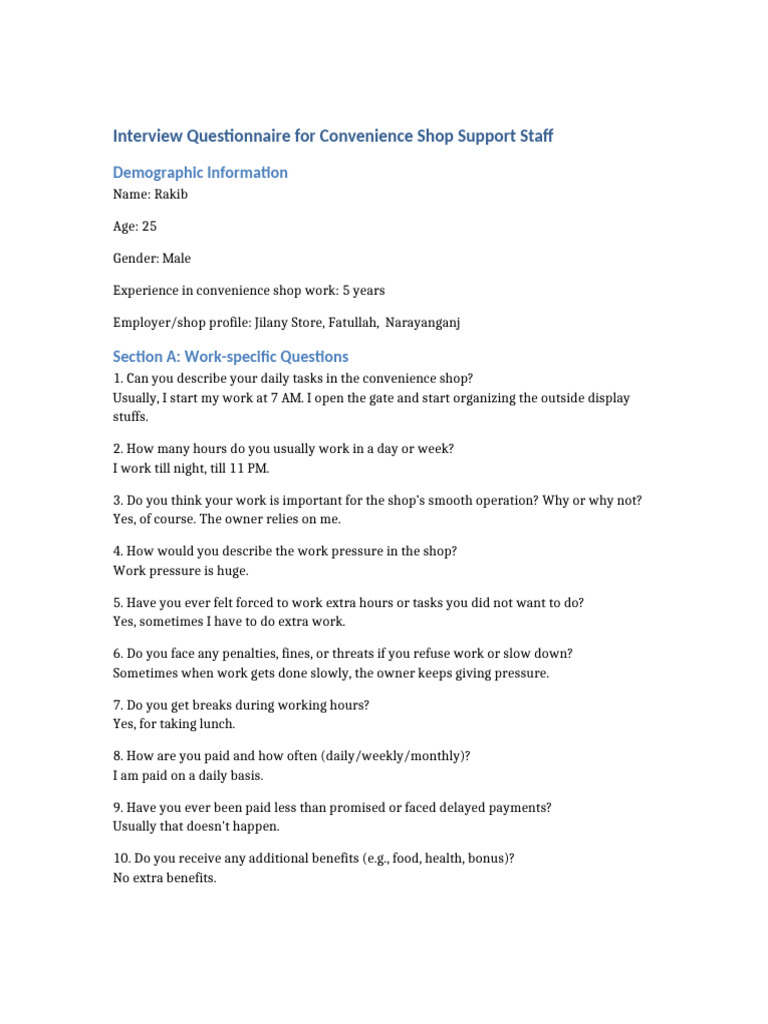 Interview Questionnaire Rakib | PDF | Labor | Economies