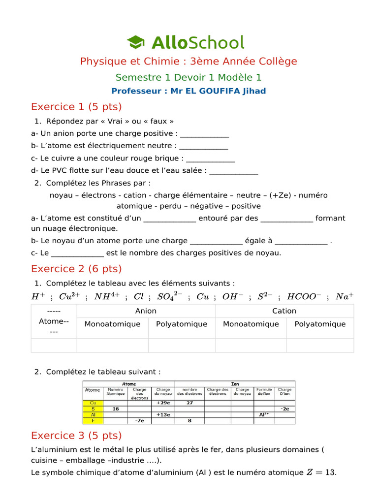 Devoir de Physique-Chimie 3ème Collège | PDF | Atomes | Ion