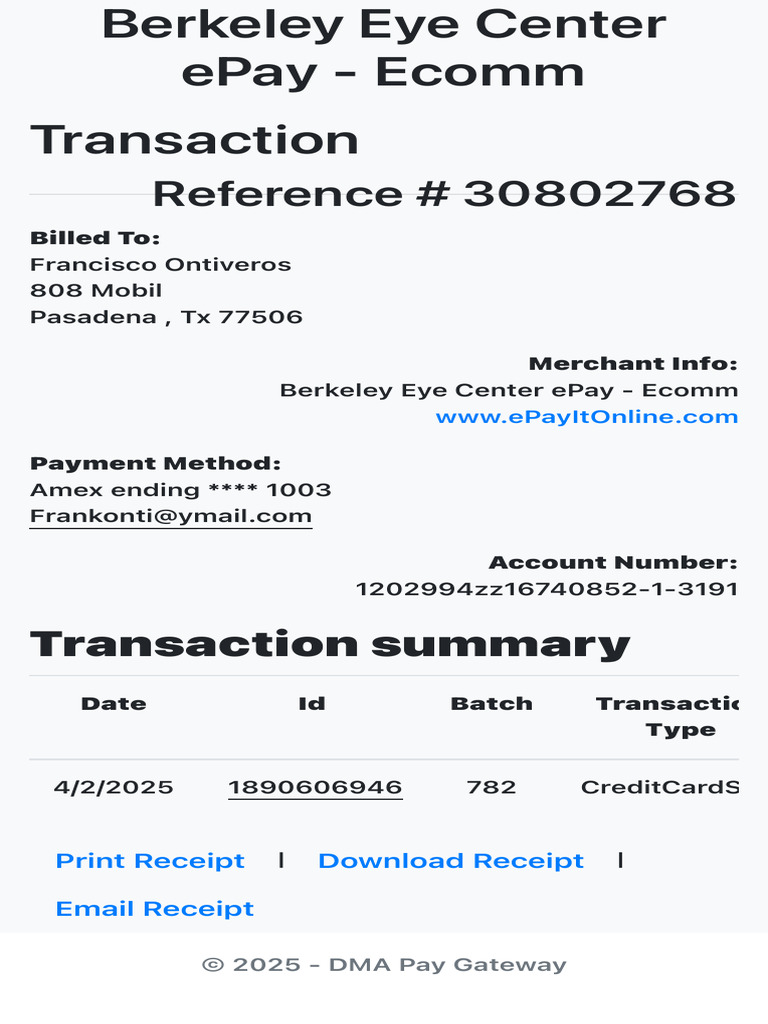 Berkeley Eye Center ePay Transaction Receipt | PDF