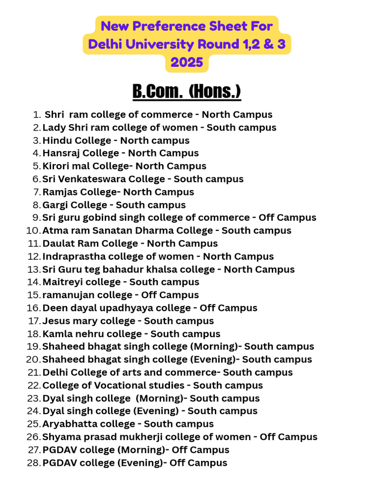 Delhi University B.Com. Preference List 2025 | PDF