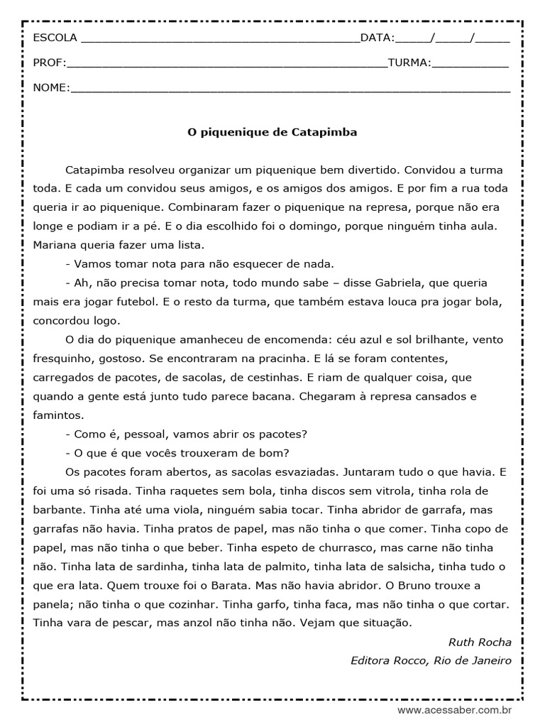 O Piquenique de Catapimba 4 Ano para Imprimir | PDF