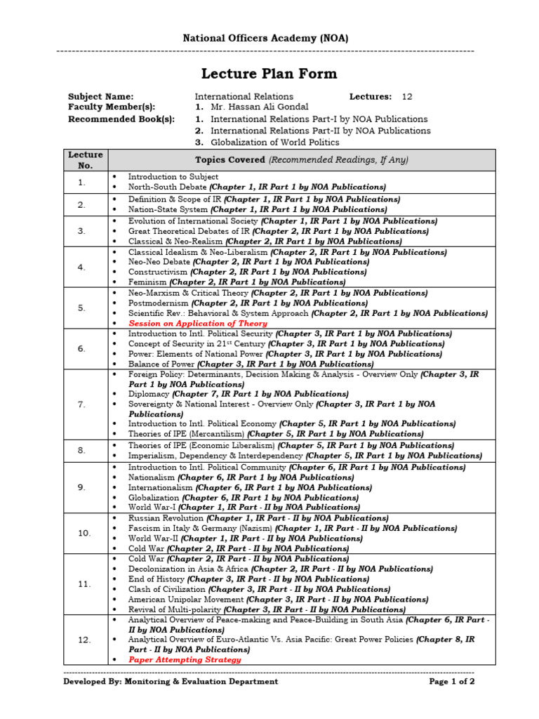 International Relations Lecture Plan NOA | PDF | Pakistan | Nuclear Weapons