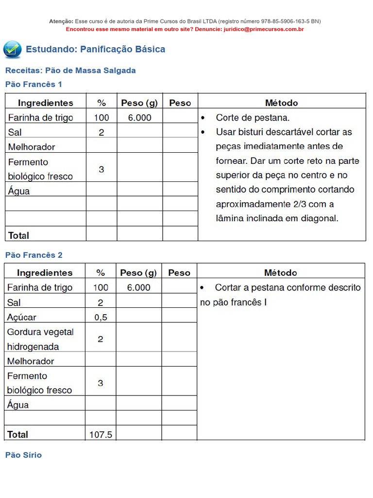 Receitas Pão de Massa SalgadaEstudando - Panificação Básica - Prime ...