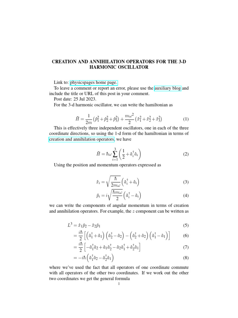 3D Harmonic Oscillator Operators | PDF | Physics | Functions And Mappings