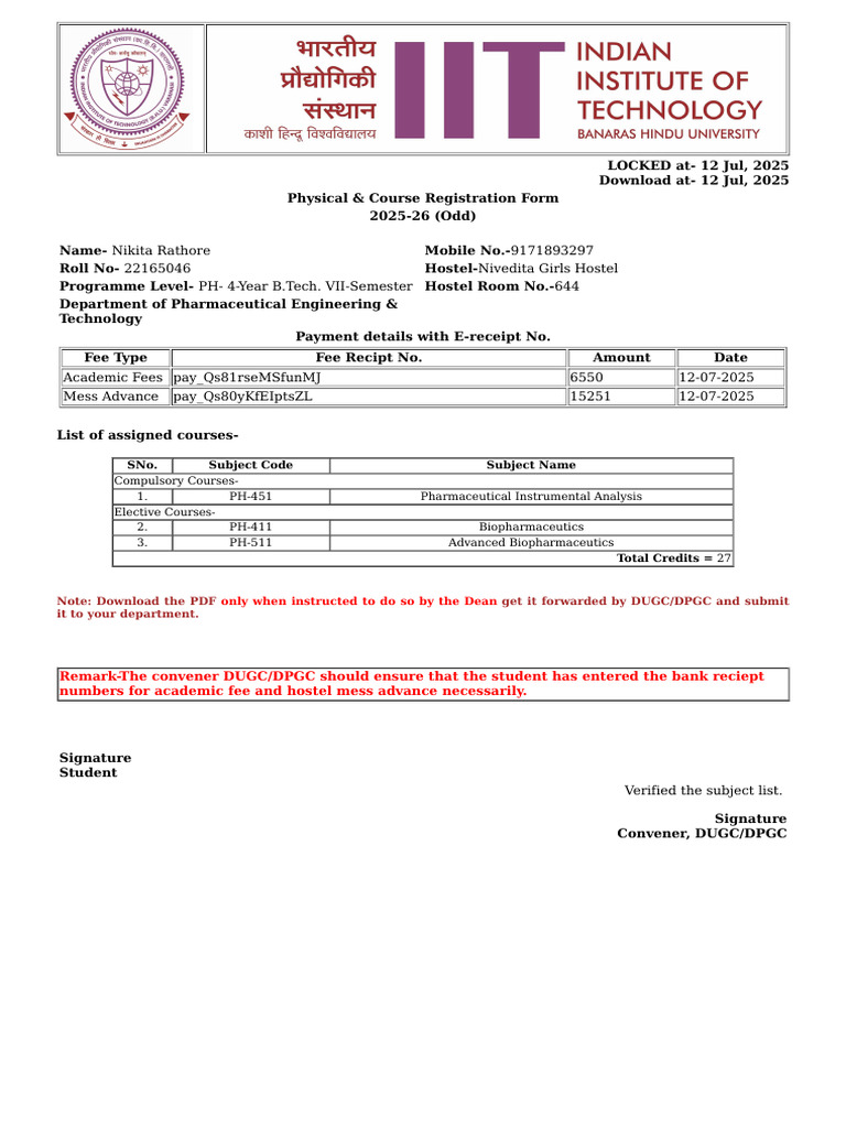 2025-26 B.Tech Registration Form | PDF