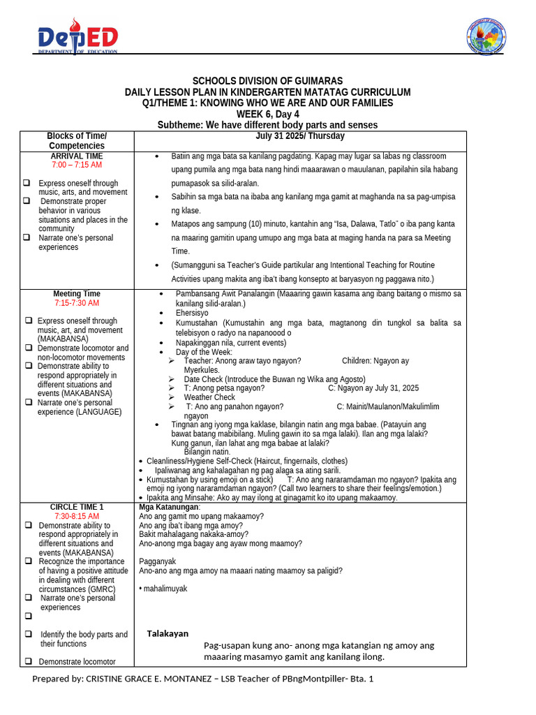 Kindergarten Lesson Plan - Week-6-Day-4 Final | PDF