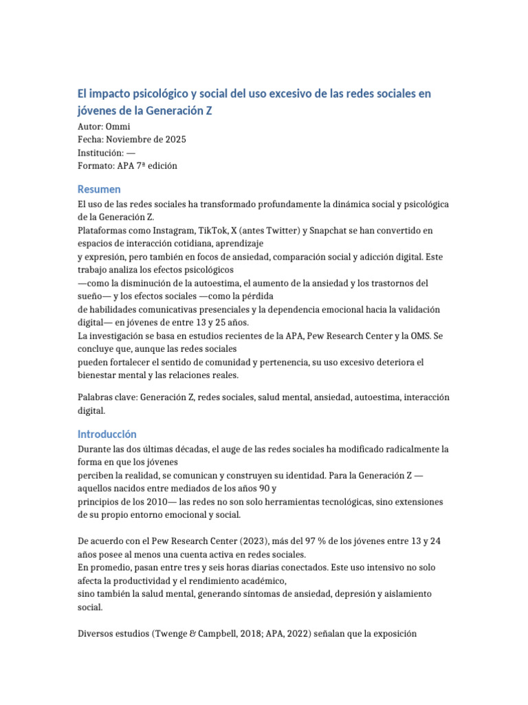 Efectos de redes sociales en la Generación Z | PDF | Salud mental | Las ...