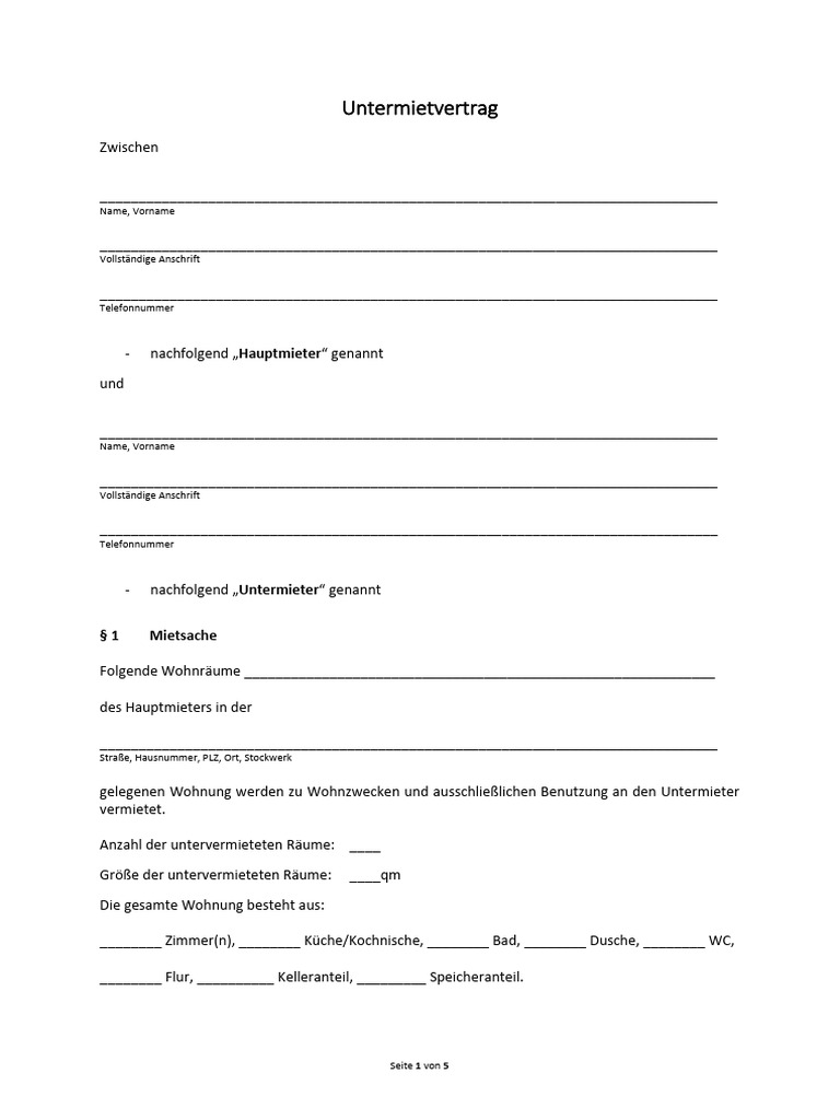 Untermietvertrag Fur Partner