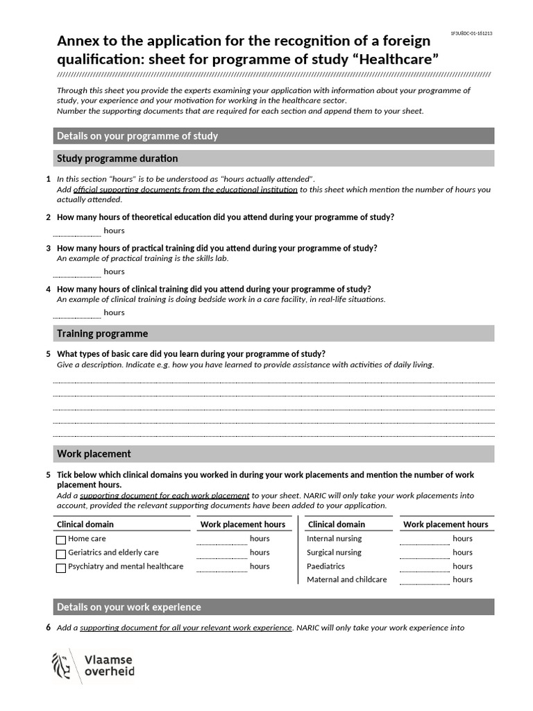 NARIC Vlaanderen Form Programme of Study For Recognition Nursing and ...