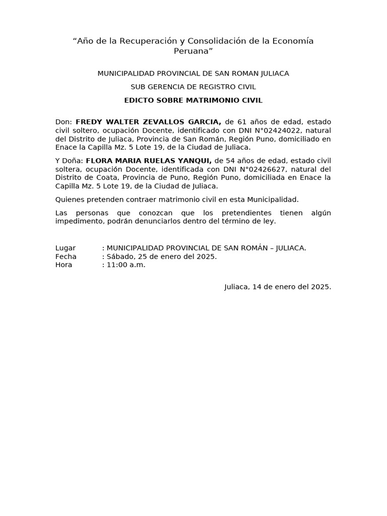 Edicto de Matrimonio Civil en Juliaca | PDF