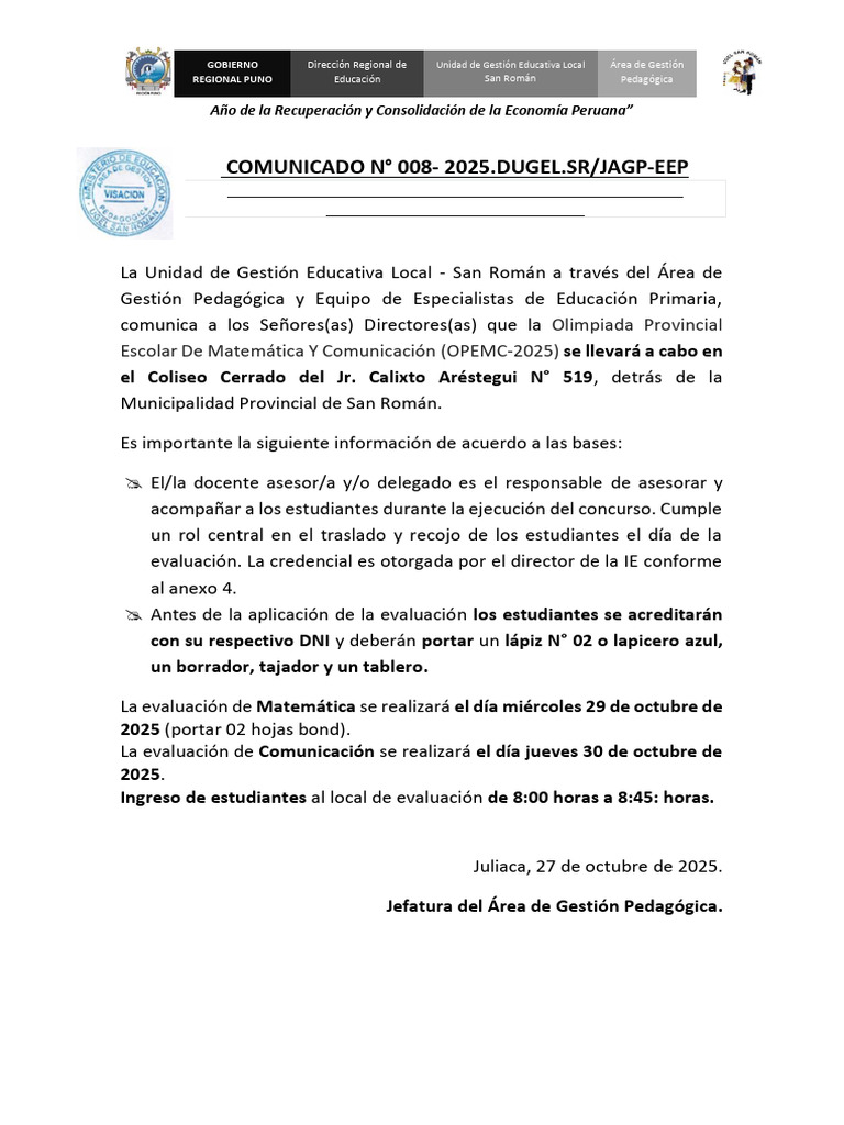 Comunicado 008 2025 OPEMC Aplicación | PDF